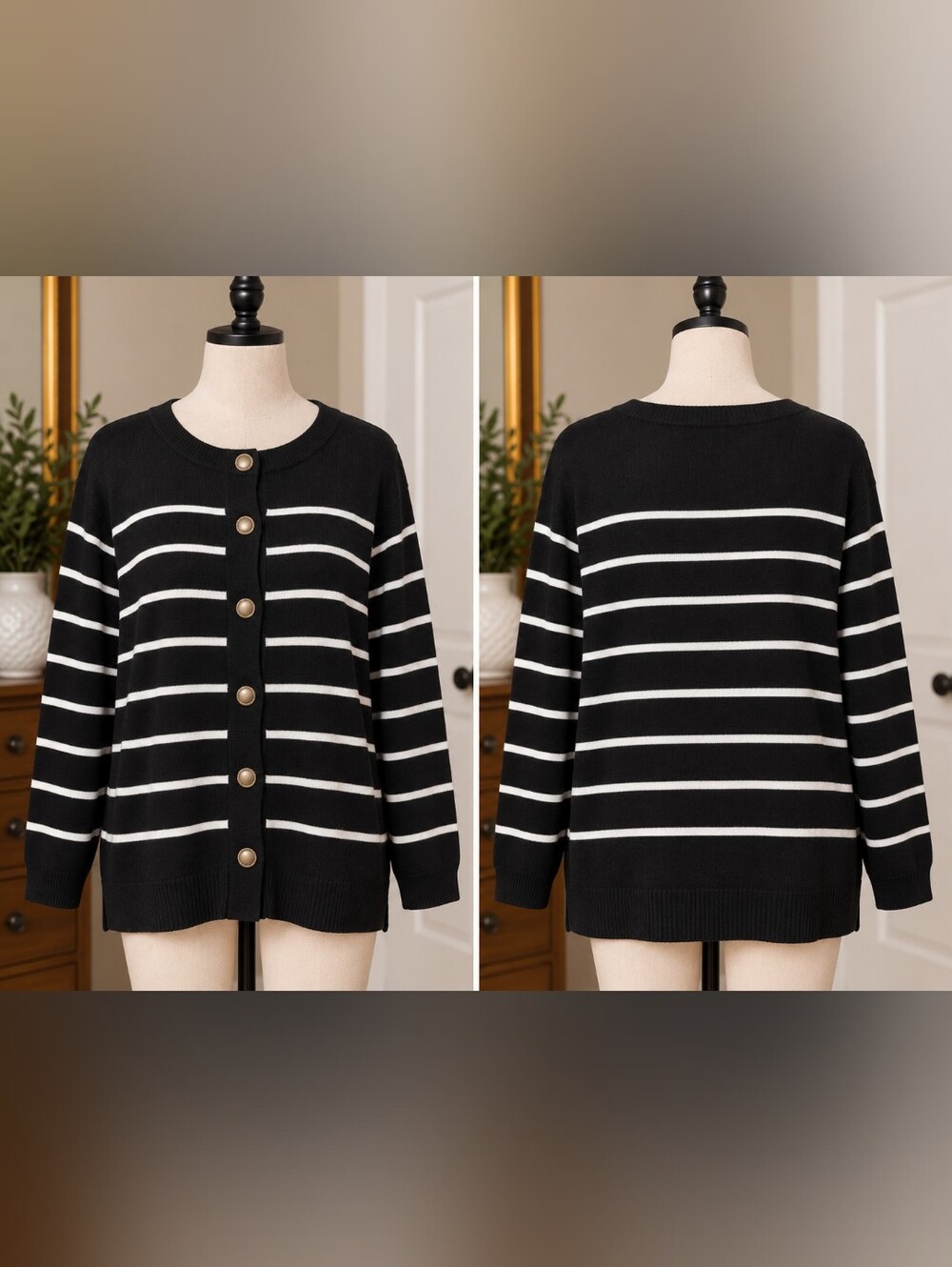 Jessica Simpson black & white striped  cardigan with gold ridged buttons size XL